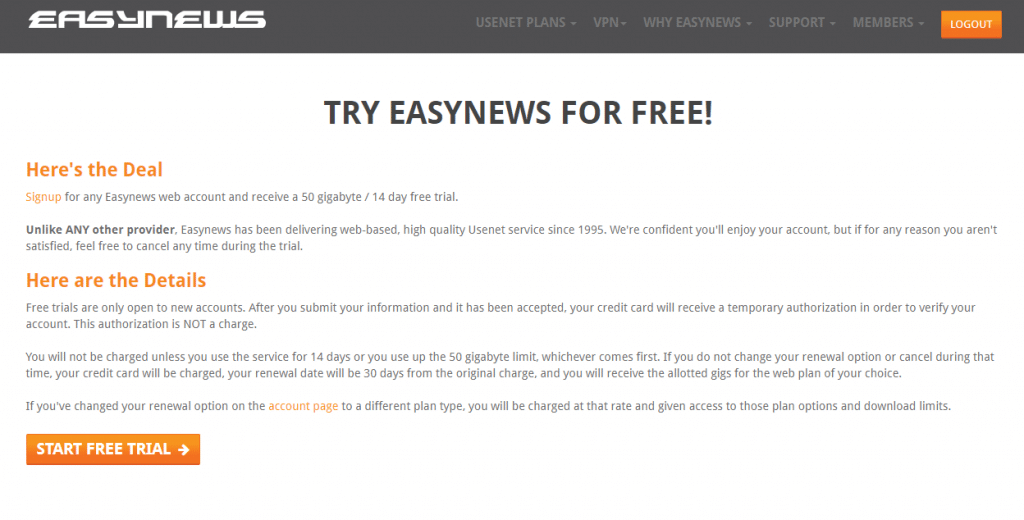 A Screenshot of the Usenet Free Trial Offerings from Easynews.