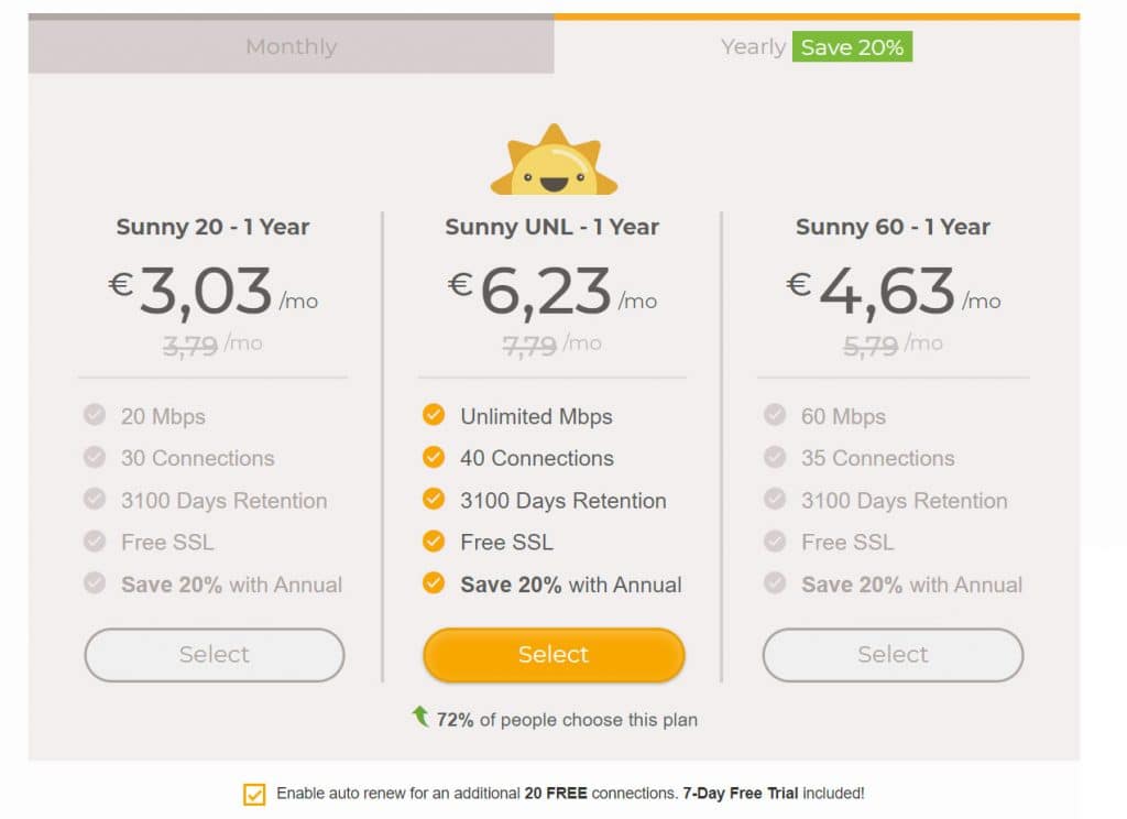 Sunny Usenet Pricing Table. Sunny Usenet offers 3 levels of service, with annual or monthly plans.
