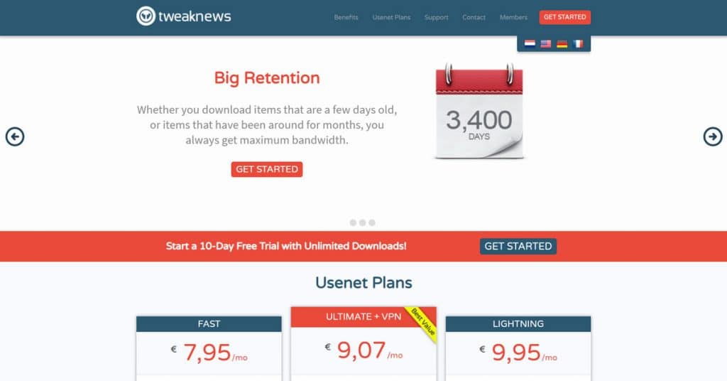 A Screenshot of the Usenet Free Trial Offerings from Tweaknews.