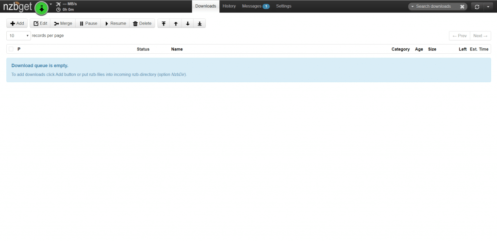A Screenshot of the NZBGet Usenet Newsreader User Interface.