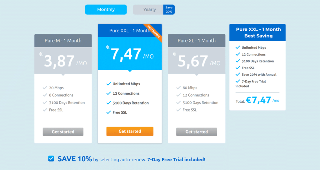 Pure Usenet Pricing Table. Pure Usenet offers 3 levels of service, with annual or monthly plans.