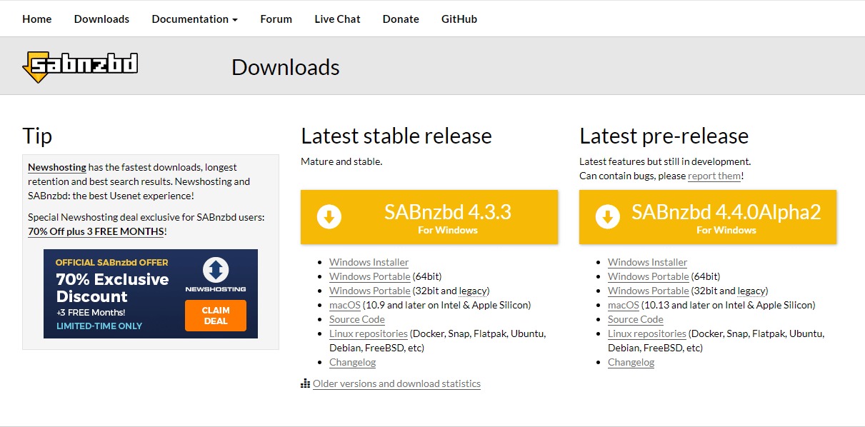 Screenshot of the SABnzbd download page with buttons to download the latest stable version of the software or the latest pre-release. You can download for various operating systems.