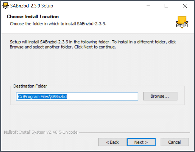 Installation Location screen of the SABnzbd setup wizard.
