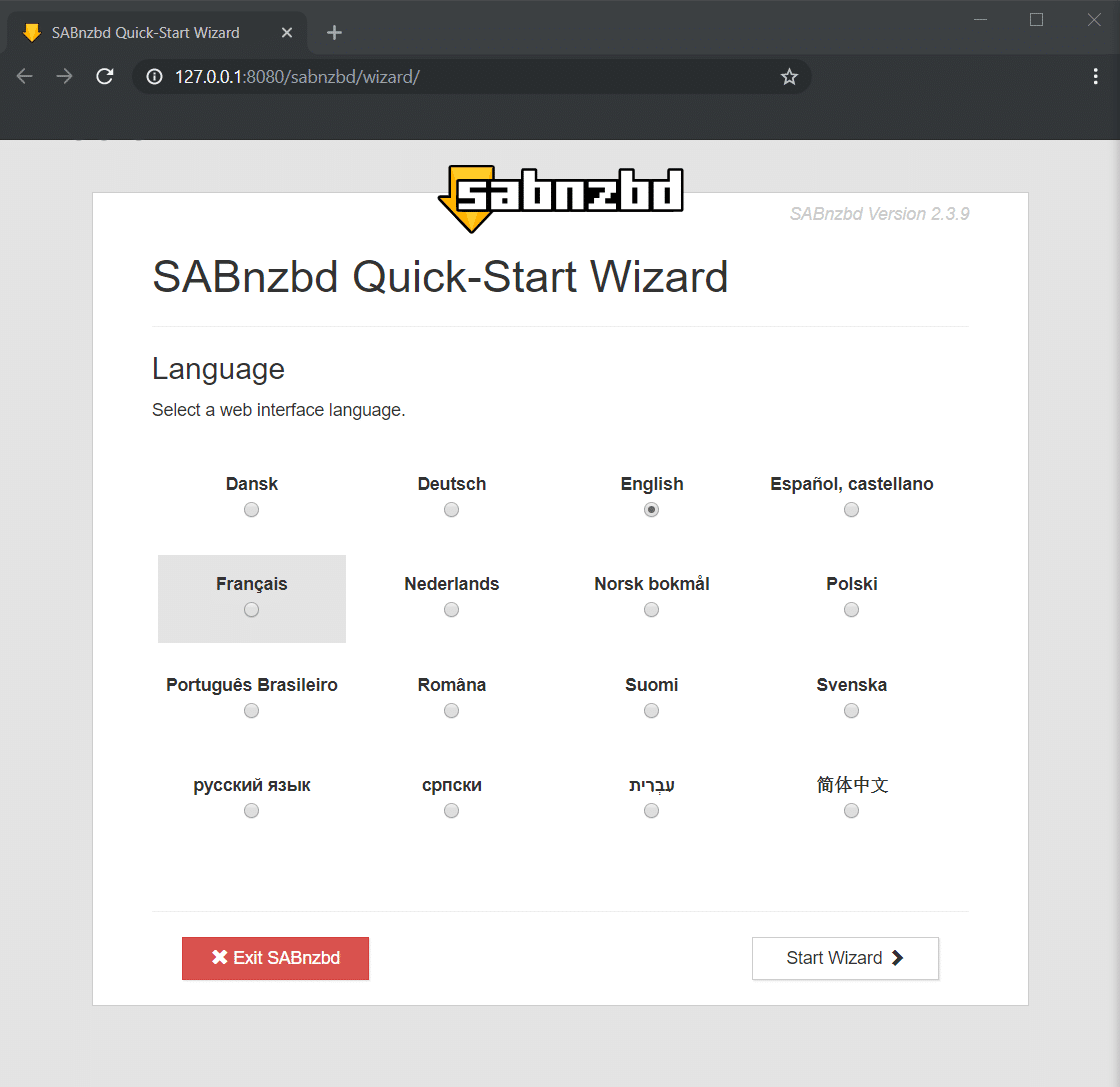 SABnzbd Language Selection screen. This shows up when you first launch the program. There are 16 possible selections.
