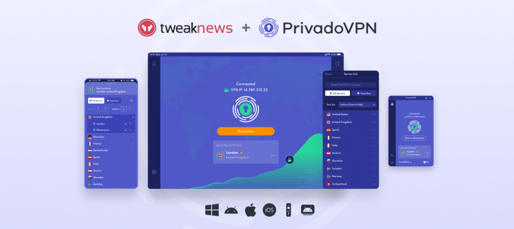 Tweaknews VPN. Image of the VPN operating on various devices with the Tweaknews and PrivadoVPN logos at the top.