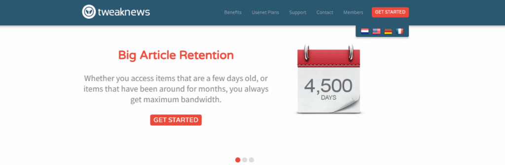 An image of a calendar that has "4,500 Days". It includes the words "Big Article Retention" followed by "Whether you access items that are a few days old, or items that have been around for months, you'll get maximum bandwidth."