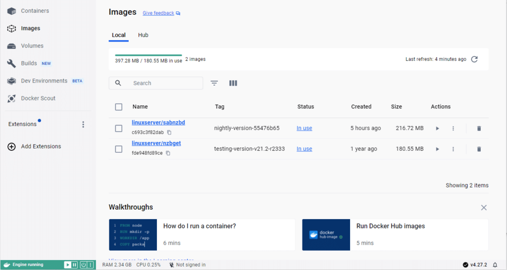 Docker screen showing various container images