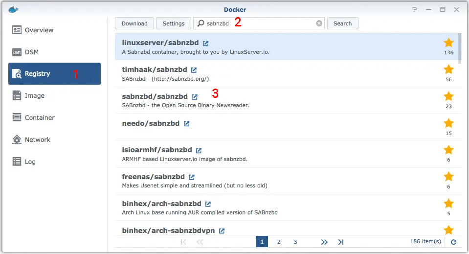 Setup screen for SABnzbd in Docker.