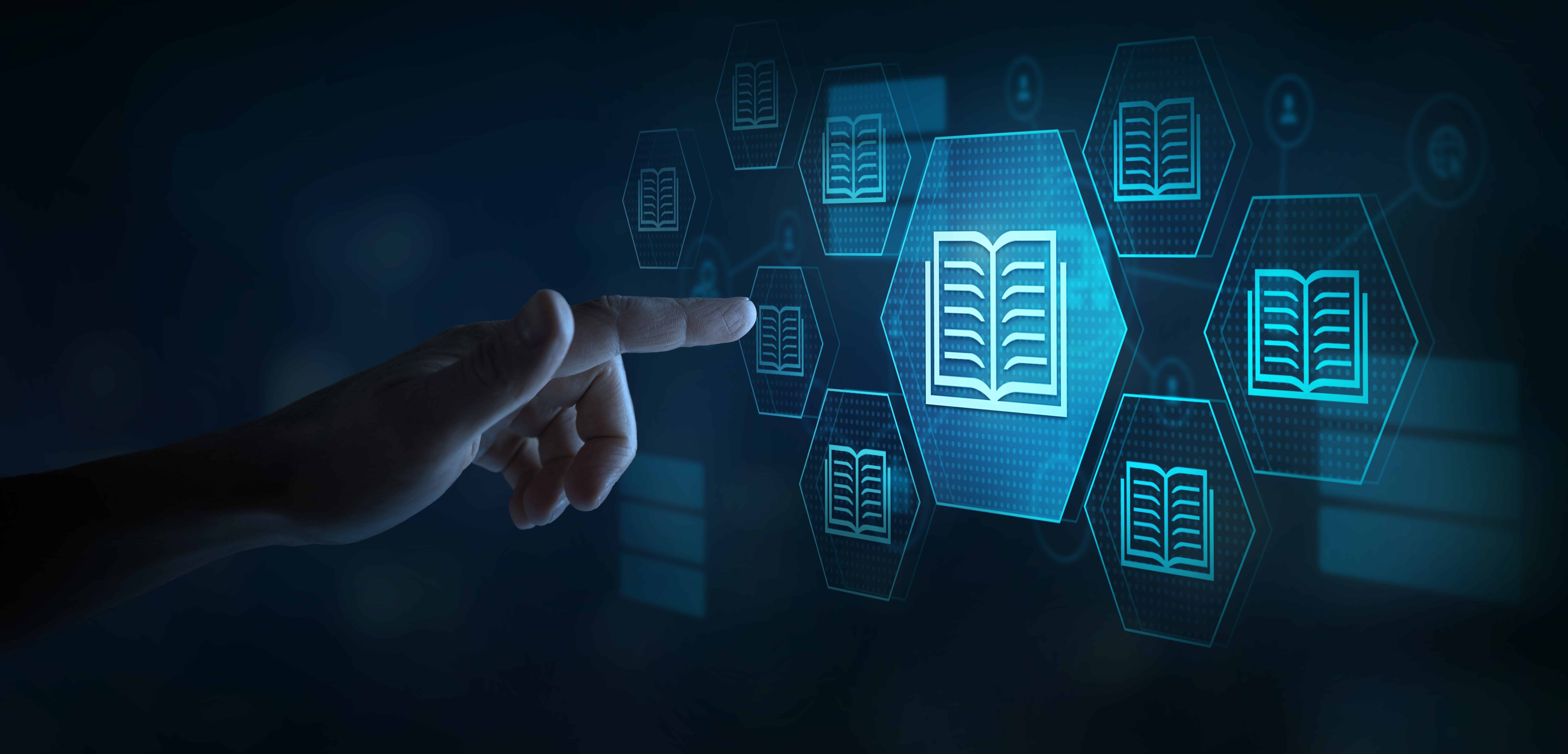 A closeup of a hand with a finger outstretched, reaching for a holographic icon of an open book.