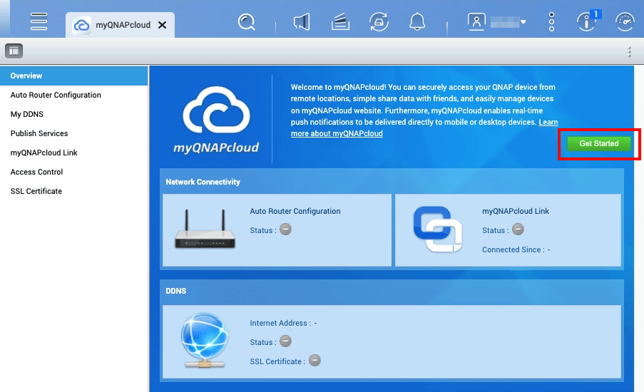Image of the main page of the myQNAPcloud panel