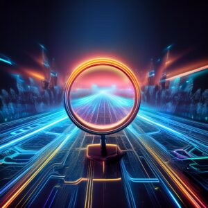 An image of a magnifying glass looking at a neon, vaporwave-style landscape.