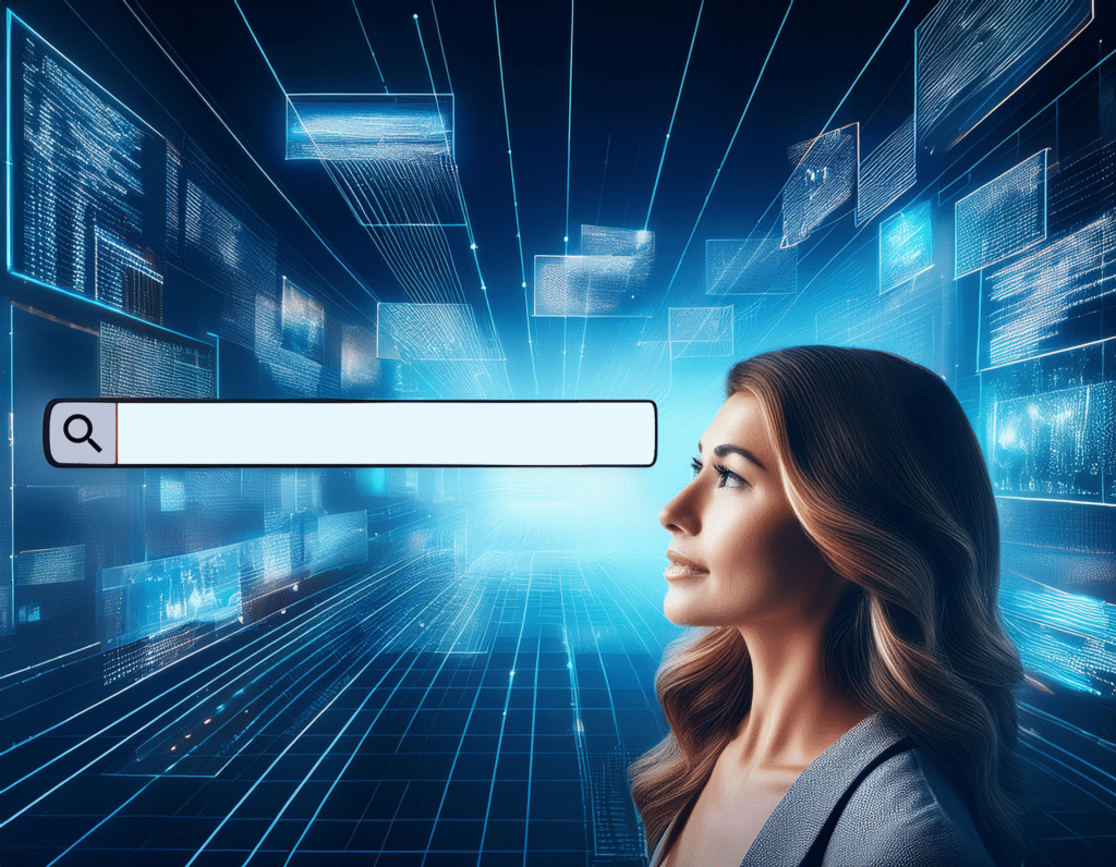 A woman looking at a floating Usenet search box in front of a bunch of digital imagery.