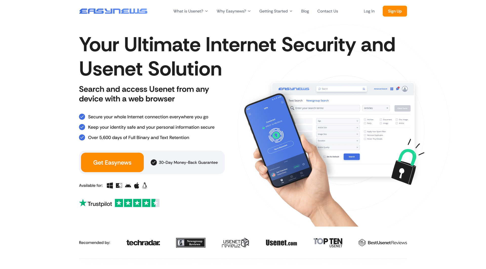 A hand is holding a cellphone with a VPN connection screen. Behind the hand is a window with the advanced Easynews search screen and a cartoon lock in black and green in front of it.