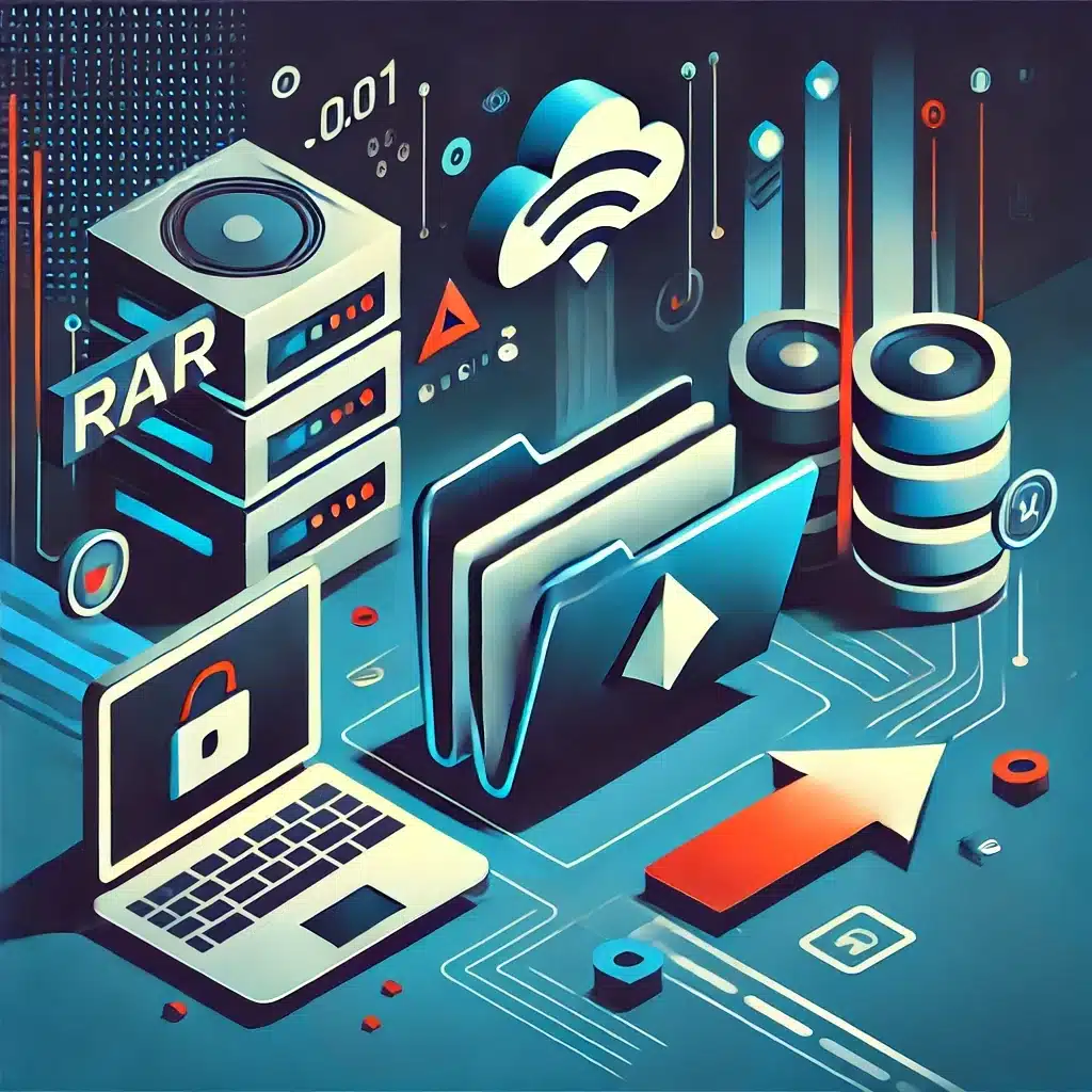 An abstract image including server stacks, a folder with a diamond on it, a laptop with a lock on the screen, and a rightward-pointing arrow. It includes the words "rar," "par," and ".001" hidden in the image.