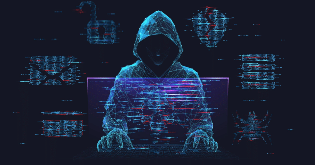 A digital-looking person in a hoodie is sitting in front of a hologram of a computer.