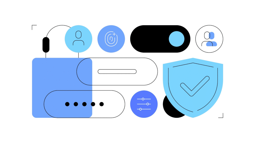 A collection of several cartoon images related to security including a shield with a checkmark, a password field with five black dots, a symbol for fingerprint ID, and others.