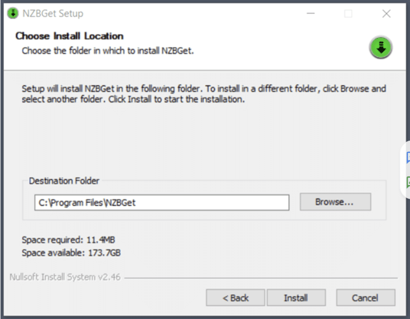 Install Location screen in NZBGet setup wizard.