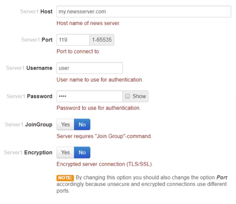 News server information fields in the NZBGet Settings. It shows the Host as "my.newsserver.com", Port as 119, Username as user, four dots next to Password, and both the JoinGroup and Encryption toggles are currently set to "No".