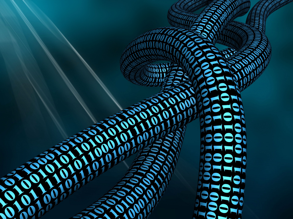 Several twisted pipes with binary code on it in black and blue, representing NNTP pipelining.