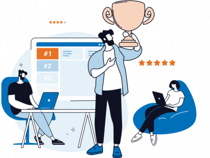 Cartoon person holding a trophy for the Best Usenet Provider in the foreground with a woman in the background in a beanbag chair on a laptop and a man in the background on a regular chair with a laptop.