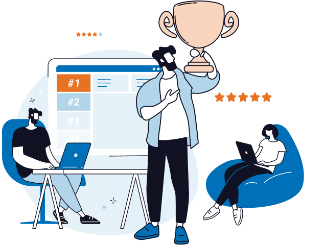 Cartoon person holding a trophy for the Best Usenet Provider in the foreground with a woman in the background in a beanbag chair on a laptop and a man in the background on a regular chair with a laptop.