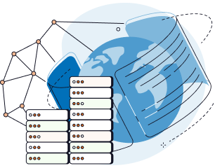 A cartoon globe is in the background with several pieces of paper spinning around it. In the foreground is a cartoon of server stacks.